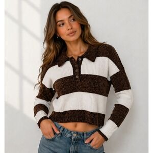 Nikkak Women‎ Sweater XS Brown White Striped Crop Knit Polo Button Casual